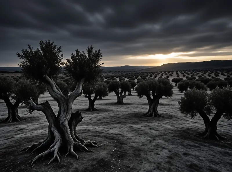 Old olive trees stand silhouetted against a dark cloudy sky with a break of sunset light near the distant hills.