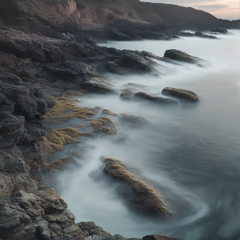 Dark jagged rocks meet pale silky water where scattered boulders wear golden algae at dusk.