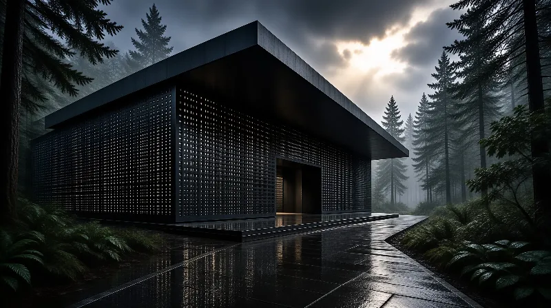 A black modernist pavilion with a perforated glowing facade stands on wet stone beneath a stormy forest sky.
