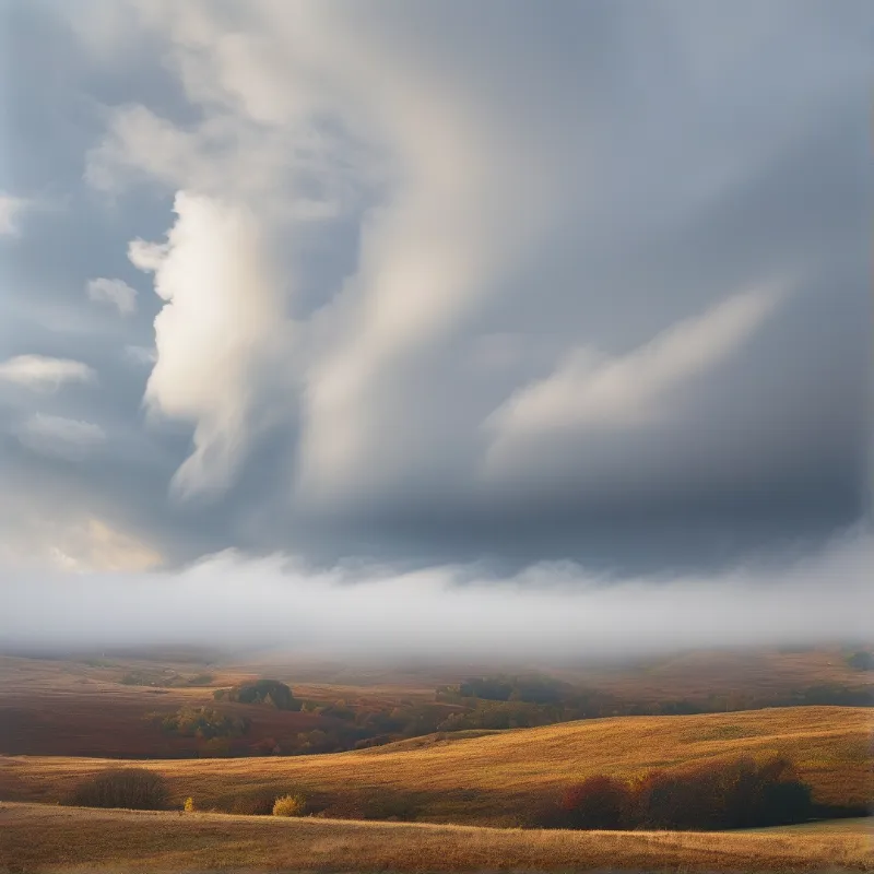 Dramatic cloud formations stretch across a sky above golden grassy hills and dark trees.