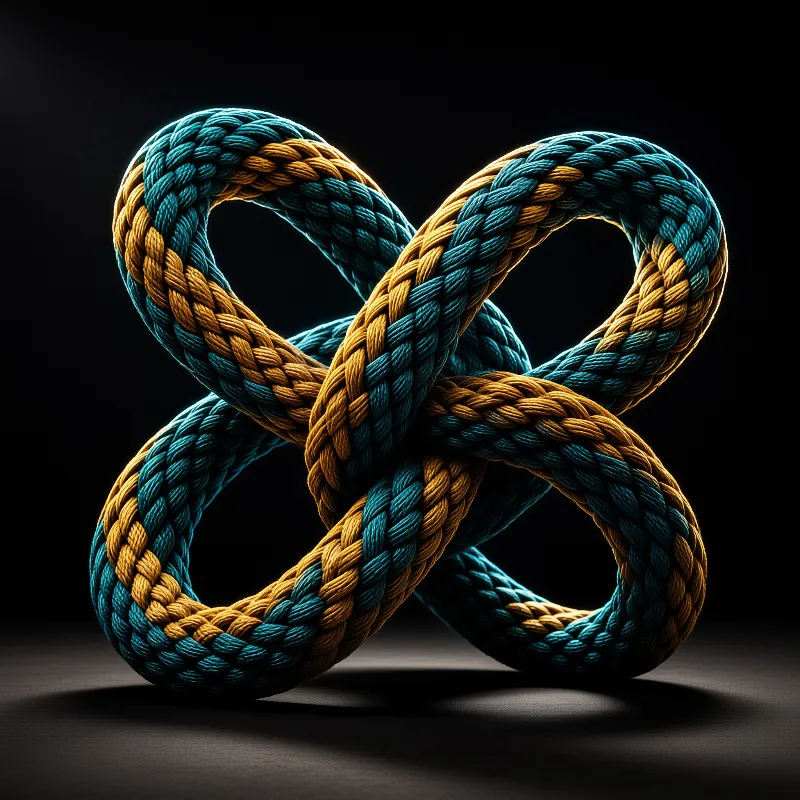 Two intertwined braided cords loop into a clover shaped sculpture, lit against a black studio backdrop.