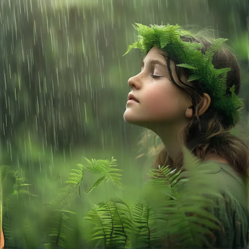 A girl with a fern leaf crown stands in falling rain, eyes closed, surrounded by lush green ferns in soft diffused light.