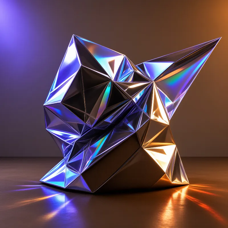 An angular metallic object with a low-poly structure sits on a smooth surface, reflecting contrasting blue and orange studio lights across its sharp geometric facets.