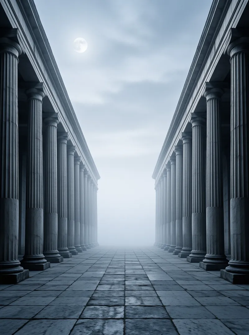 Grey stone columns line a paved path that fades into thick fog under a pale blue sky with a bright moon.