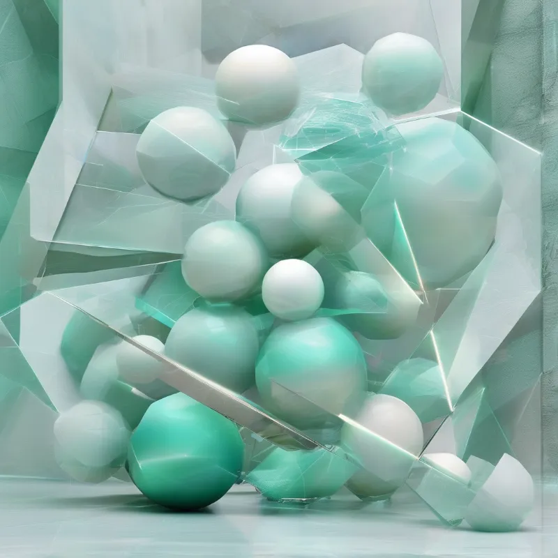 A cluster of matte teal spheres is surrounded by sharp fragments of clear glass catching soft ambient light.