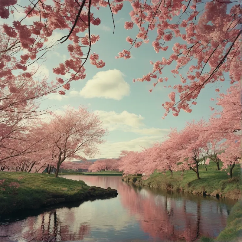 Overhanging pink cherry blossom branches frame a calm river reflecting trees and a blue sky with soft white clouds.