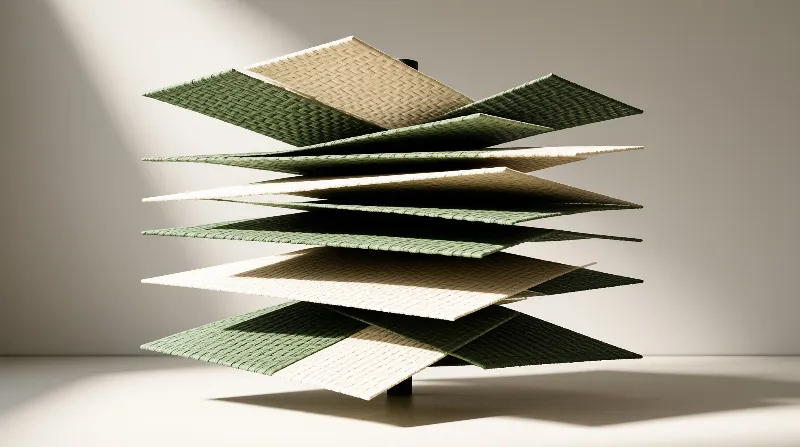 Panels of sage and cream woven rattan are stacked and rotated around a central rod against a pale wall.