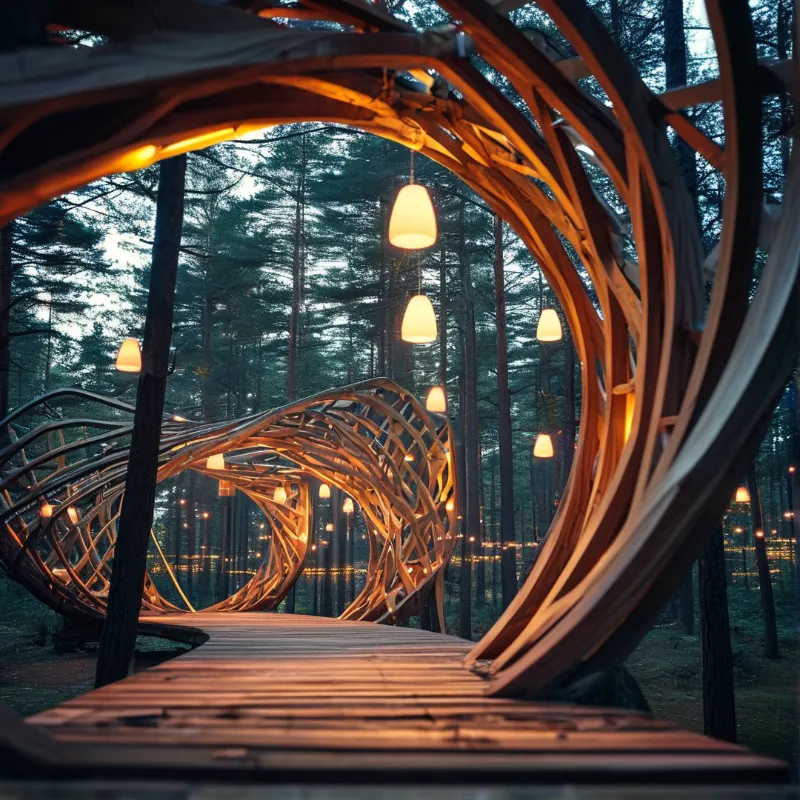A curved wooden structure creates a tunnel effect through a pine forest at dusk, lit by warm hanging lamps.