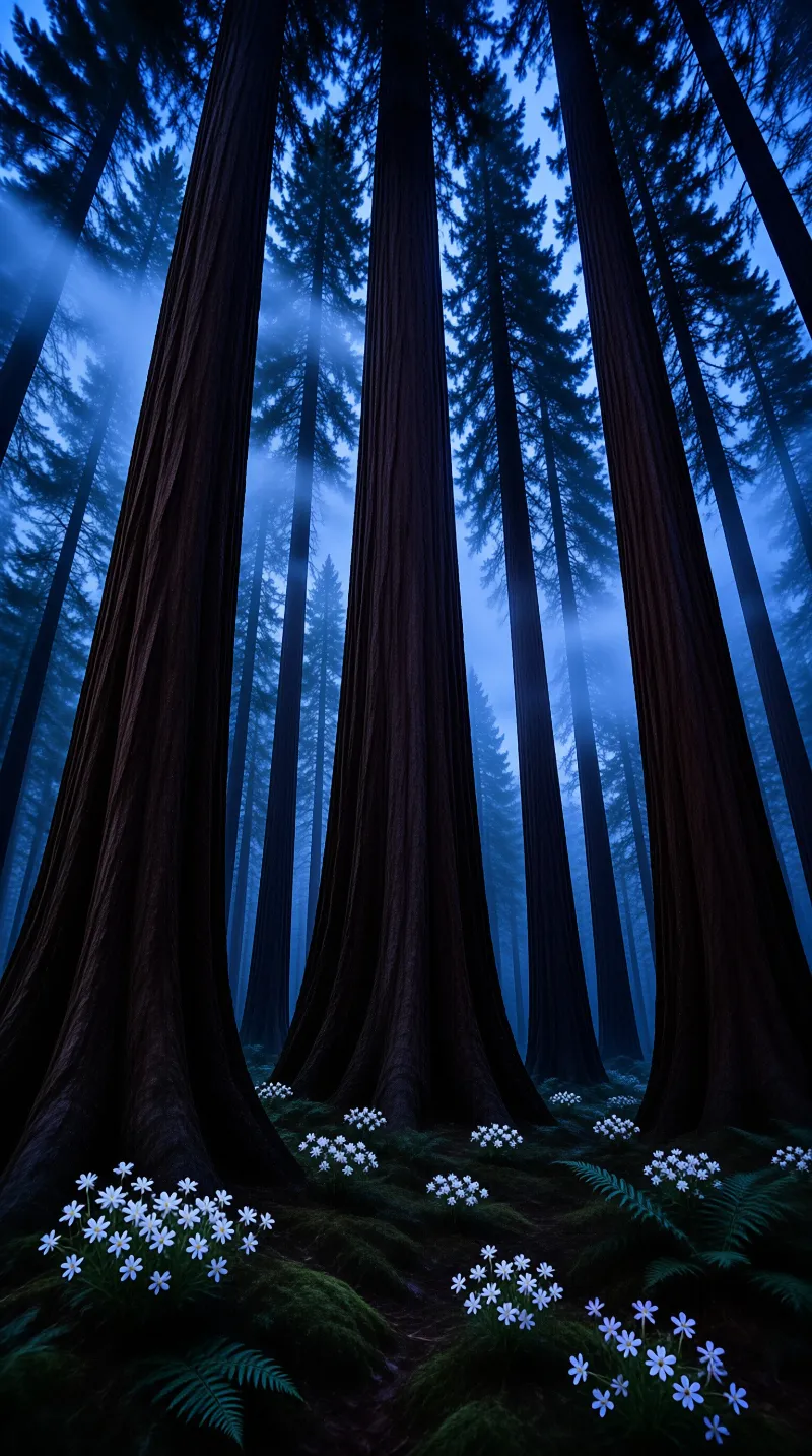 Low angle view of dark tree trunks rising into a blue foggy sky with white flowers on the mossy ground.