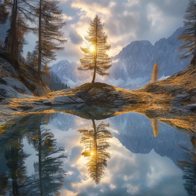 A serene lake reflects the towering mountains and coniferous trees while sunlight breaks through the peaks.