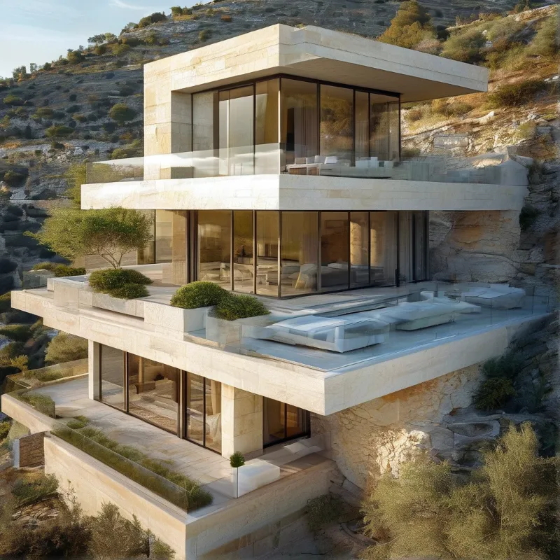A multi-story house with large glass windows and stone walls sits cantilevered over a dry rocky hillside in warm light.