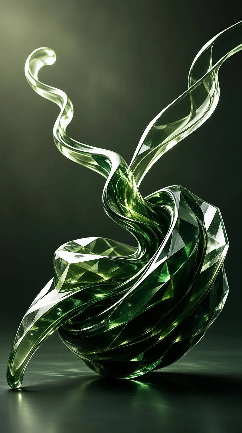 A translucent green glass sculpture with faceted surfaces twists upward against a dark background.