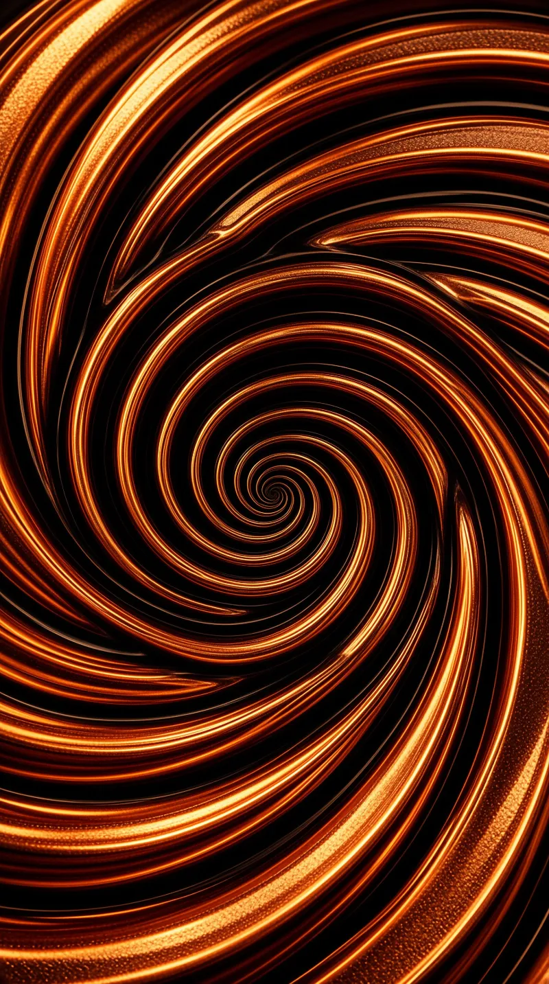 Glossy concentric ribbons of glowing orange metal spiral inward into a deep black void, catching light along every ridge.
