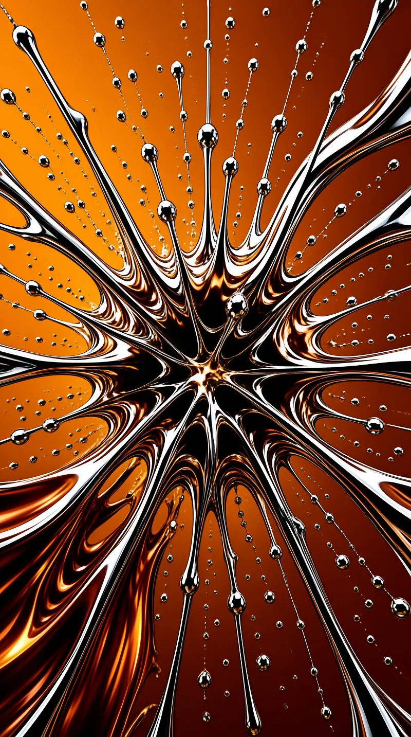 Shiny metallic droplets burst outward forming a radial pattern against a warm amber background with strong reflections.