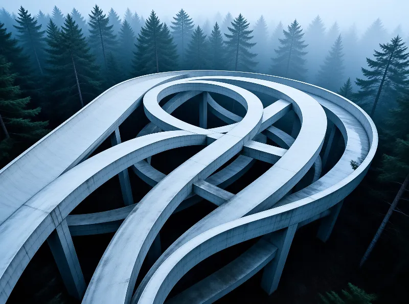 A massive white concrete spiral structure stands amidst a foggy pine forest with cool blue lighting.