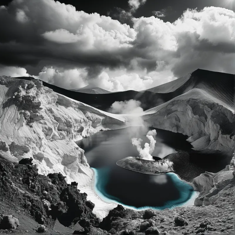 A steaming cone rises from a dark crater pool ringed by pale ash slopes, monochrome except for a rim of turquoise water.