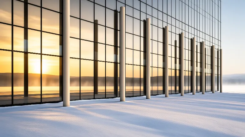 A modern glass building with white columns stands beside snow as warm sunlight reflects off the windows.