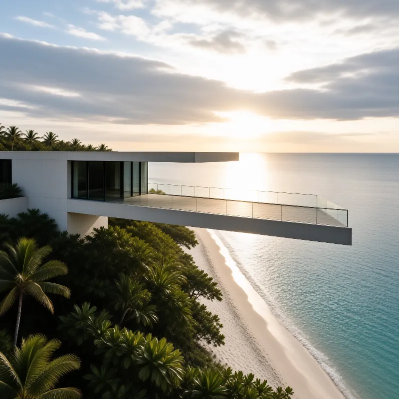 A white cantilevered structure extends over lush vegetation and a sandy beach towards the ocean under a setting sun.