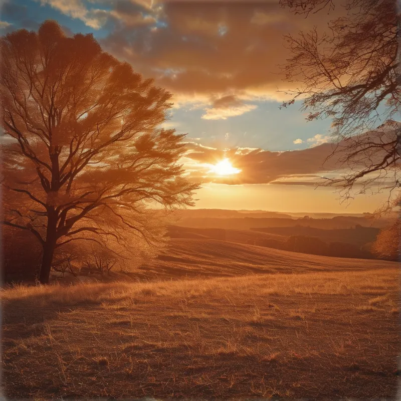 An old collodion plate shows a bare branched tree framing golden light over farmland ridges under heavy cloud.