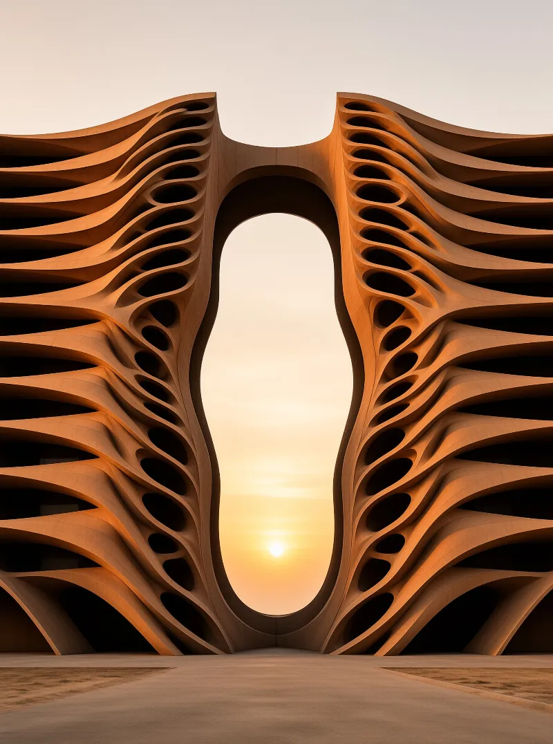 Wave-like bronze balconies arch overhead around a tall opening that frames the low sun on a hazy horizon.