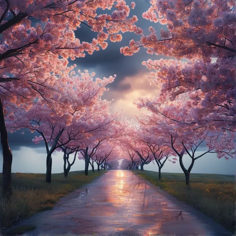 Cherry Blossom Path at Sunset