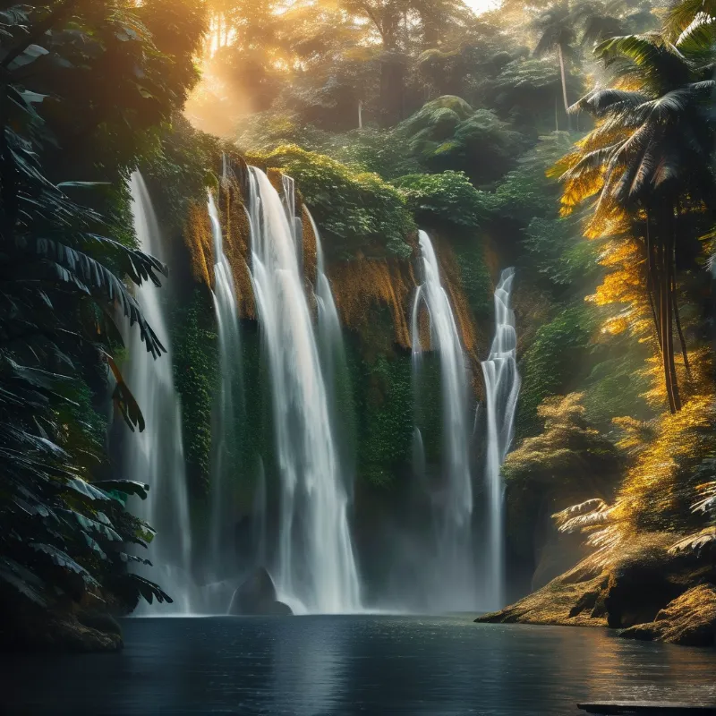 Sunlit Tropical Waterfall