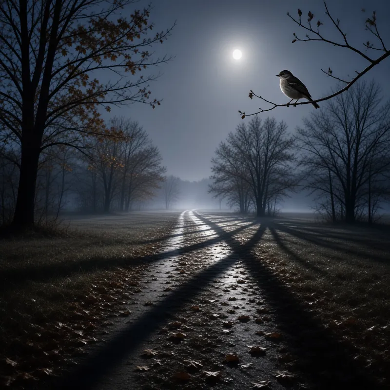 A narrow leaf covered path disappears into fog beneath a pale moon while a small bird watches from a bare branch.