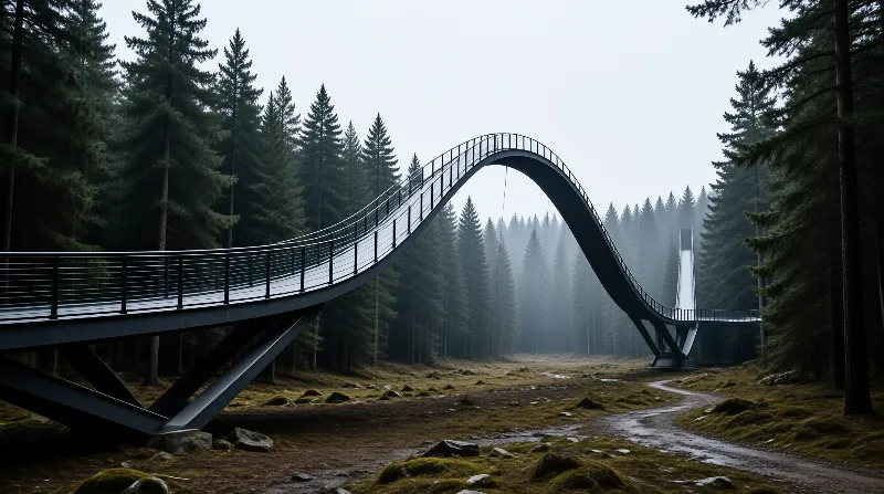 A sleek metal arch bridge curves over a misty evergreen forest with a winding path below