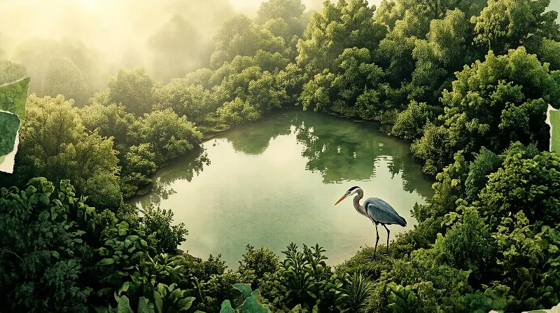 A great blue heron stands on the edge of a calm forest pond surrounded by dense greenery under soft morning mist.