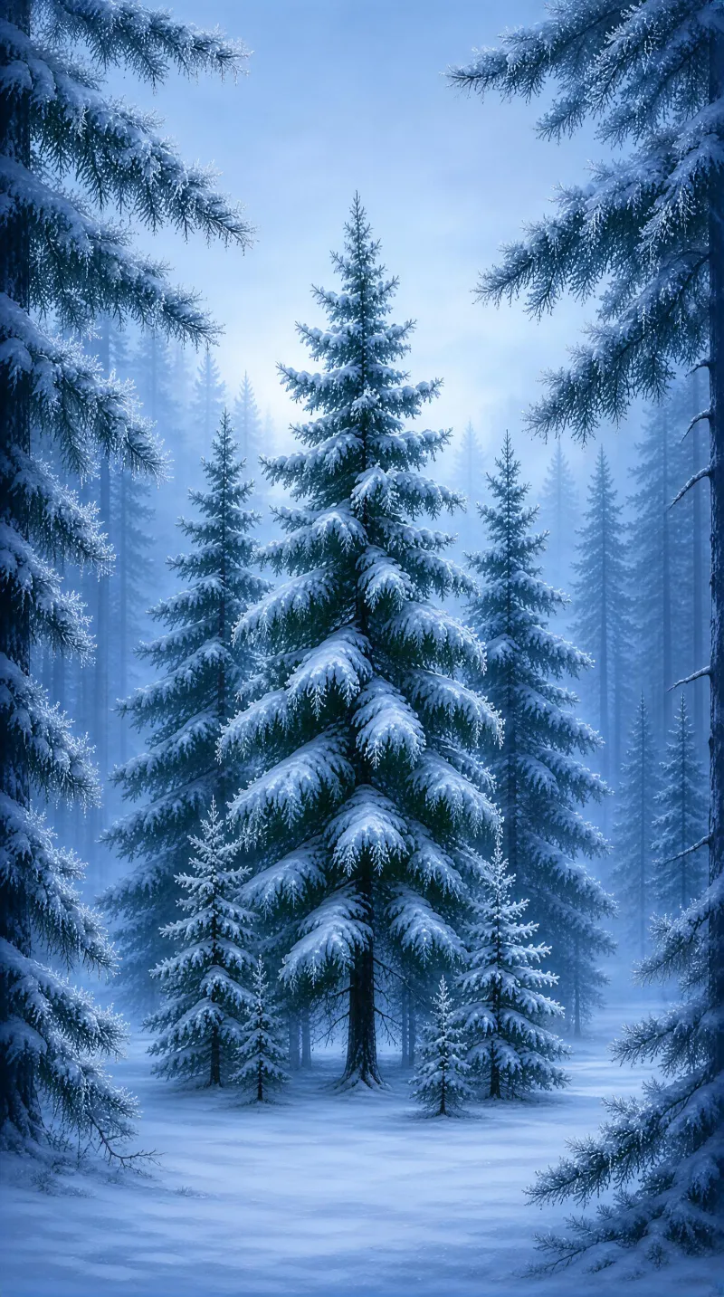 Tall snow-laden pine trees stand in a misty winter forest, bathed in soft blue light.