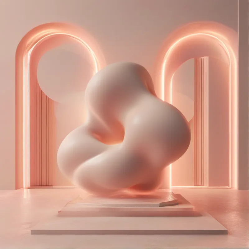 A smooth amorphous white shape rests on a stepped platform inside a room with two arches outlined in soft pink light.