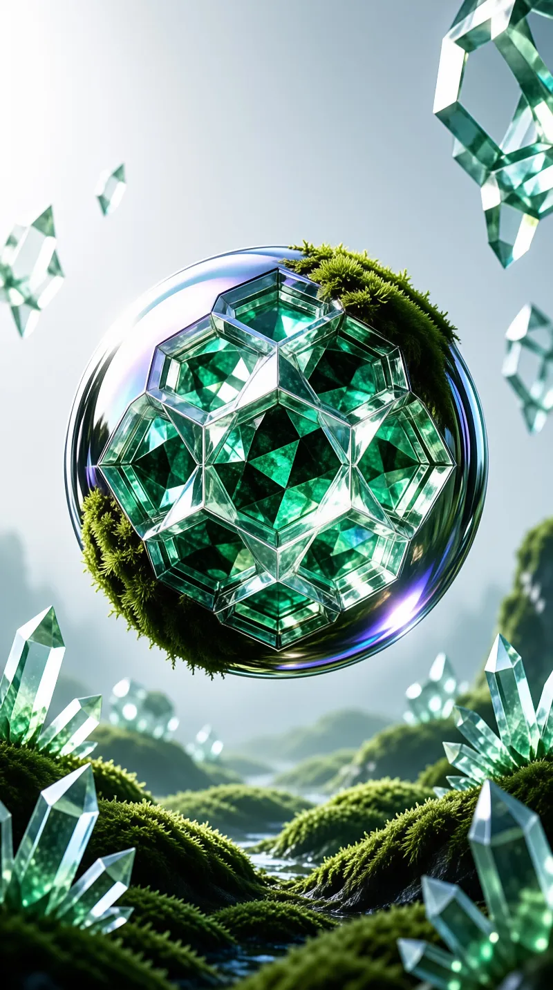 Green crystal formation hovers within a reflective glass sphere suspended over lush mossy hills with floating mineral fragments in a foggy valley