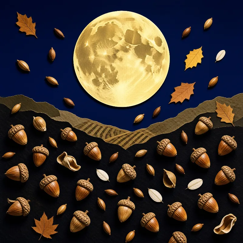 A cut-paper moon glows over a torn navy sky while acorns and oak leaves lie scattered across dark ground below.