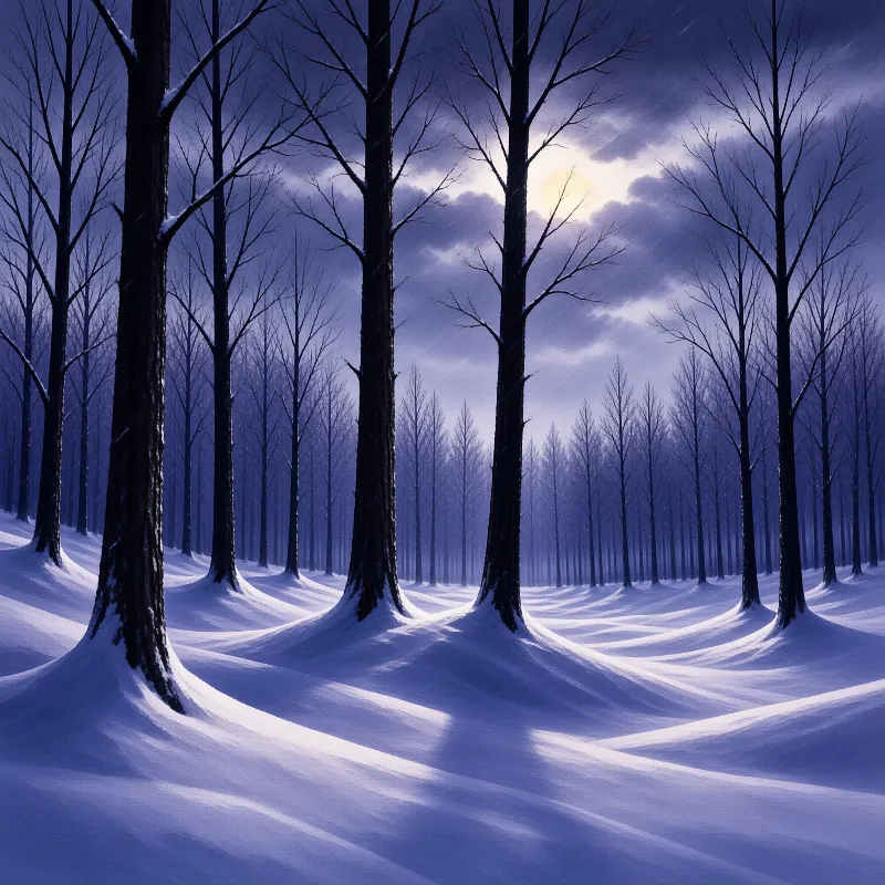 Bare black trees cast long blue shadows across undulating snow drifts beneath a glowing moon hidden by clouds