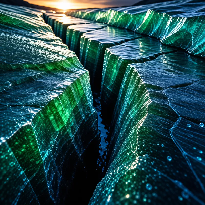 Parallel green rock columns rise from dark water crevices illuminated by a bright sunset near the horizon.