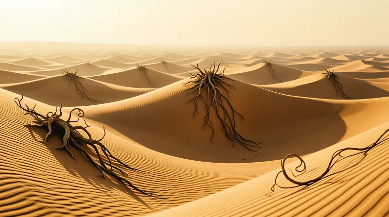 Twisted tree roots emerge from the surface of rolling golden sand dunes under a soft warm sky.