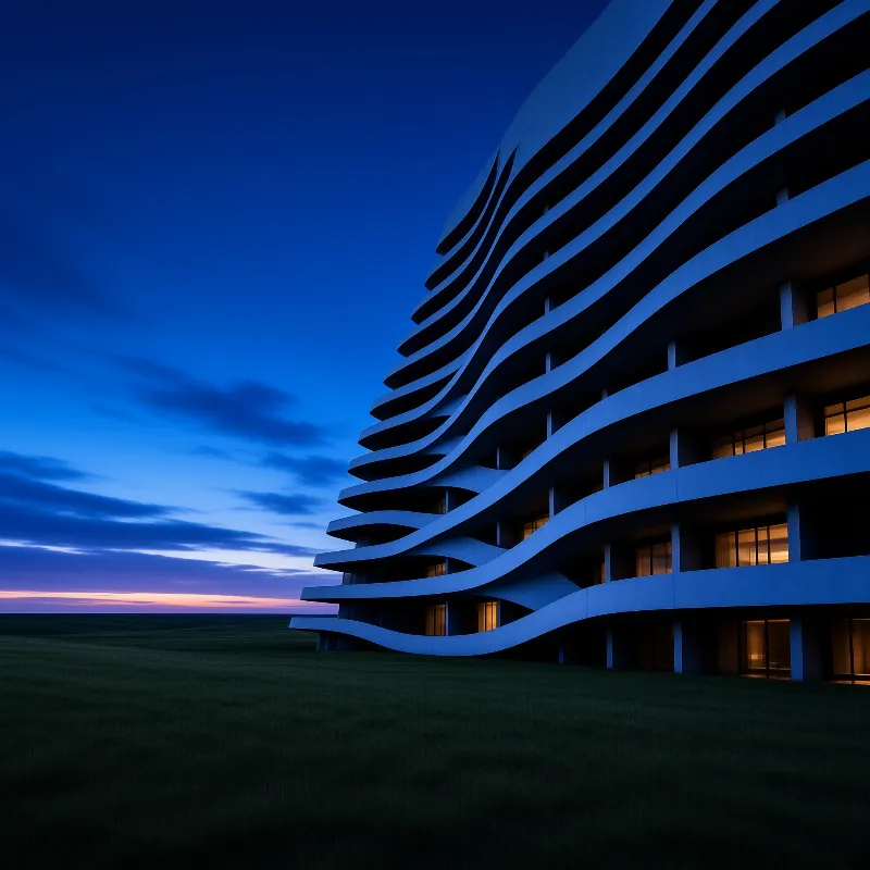 A curving modern building with wavy balconies stands over a dark field under a blue dusk sky with a pink horizon band.