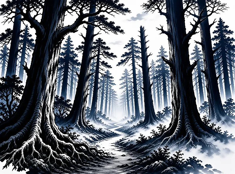 Silhouetted trees flank a winding path vanishing into bright foggy daylight ahead.