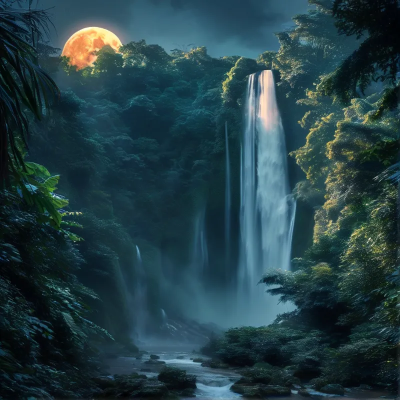 Mystic Waterfall Under Moon