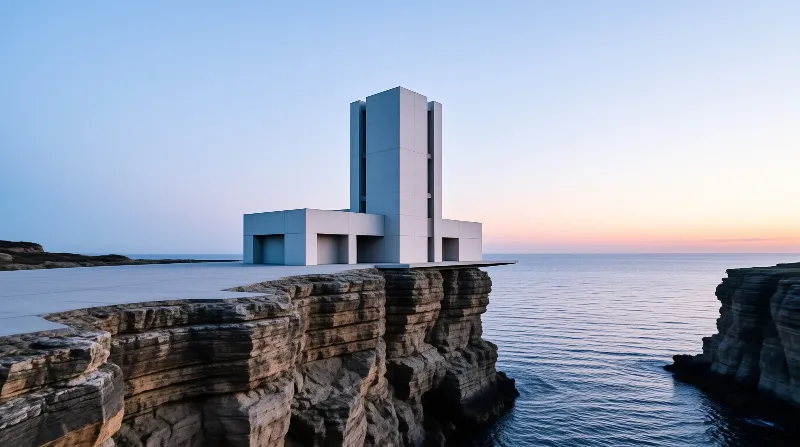 A stark white concrete tower with arched openings stands on layered sandstone cliffs above a calm sea at sunset.