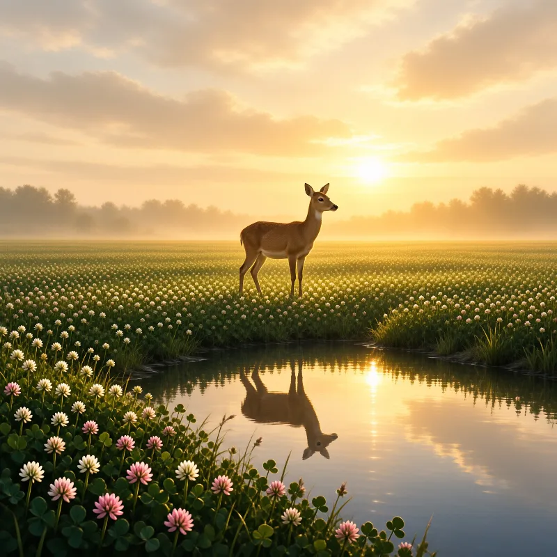 Slender deer pausing among clover blooms at sunrise, its body mirrored in the glassy pond at the meadow edge.