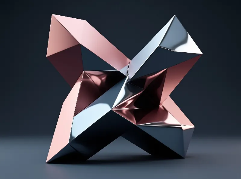 A faceted pink prism interlocks with a polished chrome wedge, casting crisp reflections on a dark gray stage.