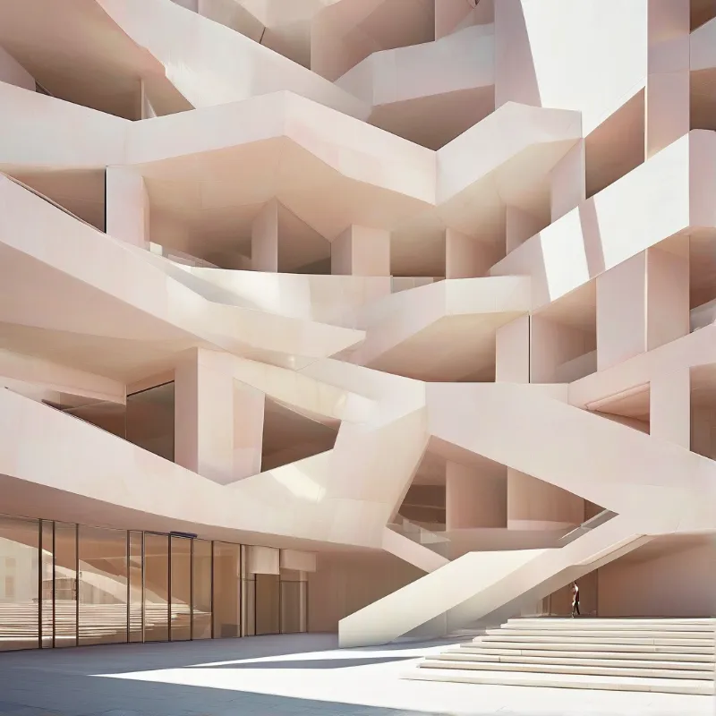 A museum facade of faceted blush-colored panels folds into angular terraces and stairways.