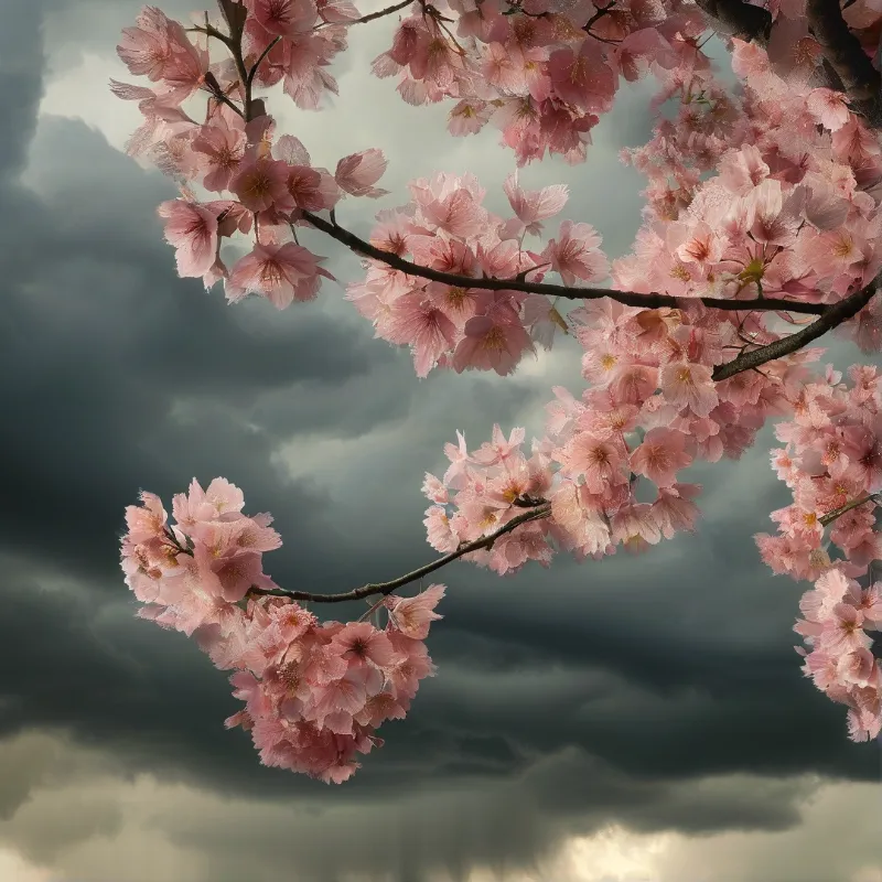 Soft pink cherry blossoms frame a turbulent sky filled with heavy grey clouds and patches of bright light.