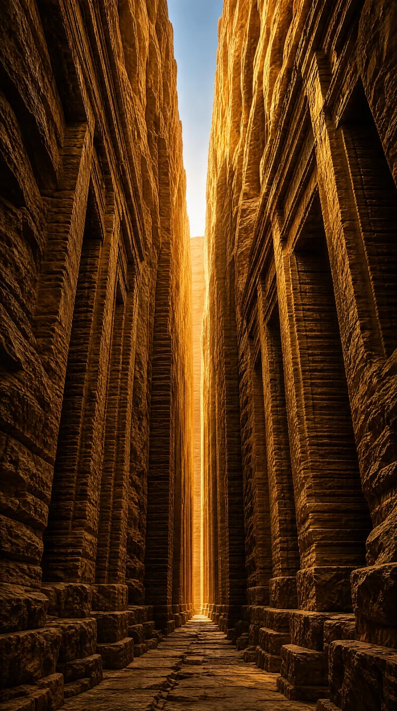 A narrow stone corridor flanked by tall textured columns with golden sunlight streaming through the top opening, creating a dramatic contrast between dark stone and bright light