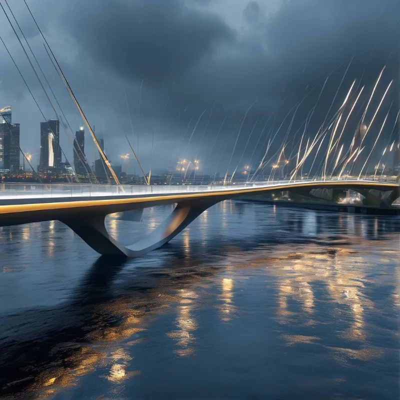 Curved bridge with glowing edges reflects onto dark rippling water beneath a heavy rainstorm.