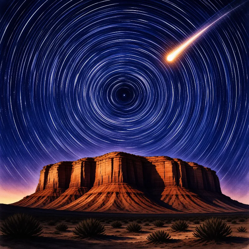 A reddish rock formation stands below a deep blue sky filled with concentric star trails and a bright shooting star.