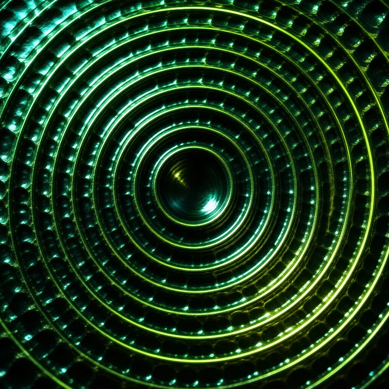 A view down a deep cylindrical structure with layers of shiny surfaces lit by bright green and yellow light.