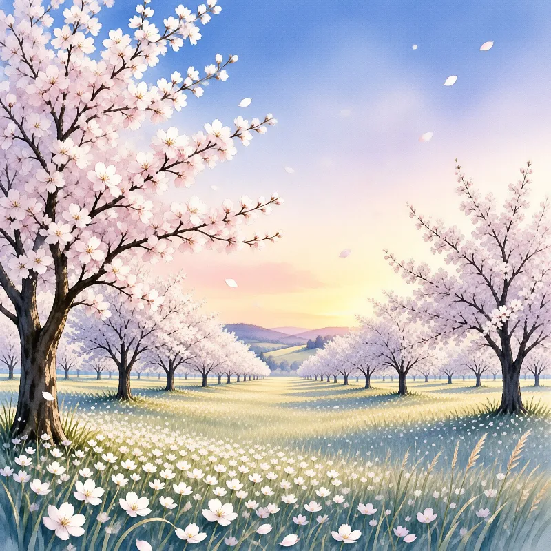 Blooming cherry trees line a grassy field as the sunrise illuminates the orchard and distant mountains with warm colors.