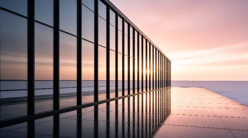 A long glass-walled pavilion stands on a mirrored terrace above the sea while the low sun glows through its columns.